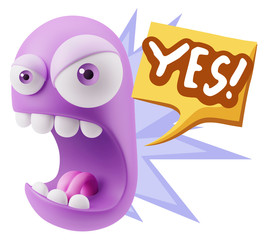 3d Rendering Angry Character Emoji saying Yes with Colorful Spee
