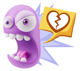 3d Rendering Angry Character Emoji saying Heart Broken Icon with