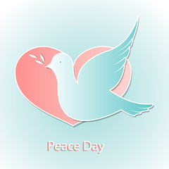 International day of peace. A dove with an olive branch on a background of pink hearts.