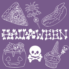 Set of sweets and pastries on Halloween. Holiday food. Scary card.