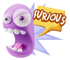 3d Rendering Angry Character Emoji saying Furious with Colorful