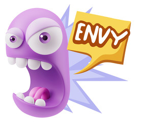 3d Rendering Angry Character Emoji saying Envy with Colorful Spe