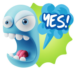 3d Rendering Angry Character Emoji saying Yes with Colorful Spee