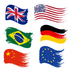 Collection of popular world flags, brush strokes painted flags, isolated on white background, vector illustration.