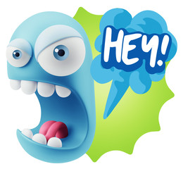 Obraz premium 3d Rendering Angry Character Emoji saying Hey with Colorful Spee