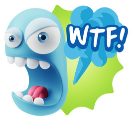 3d Rendering Angry Character Emoji saying WTF with Colorful Spee