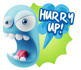 3d Rendering Angry Character Emoji saying Hurry Up with Colorful