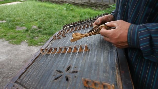 musician plays the old Ukrainian dulcimer