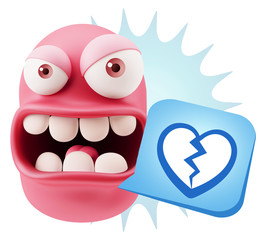3d Rendering Angry Character Emoji saying Heart Broken Icon with