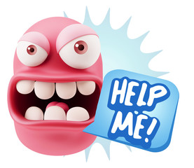 3d Rendering Angry Character Emoji saying Help me with Colorful