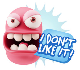 3d Rendering Angry Character Emoji saying I Don`t Like It with C