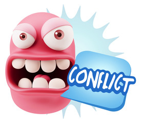 3d Rendering Angry Character Emoji saying Conflict with Colorful