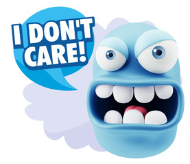3d Rendering Angry Character Emoji saying I Don't Care with Colo