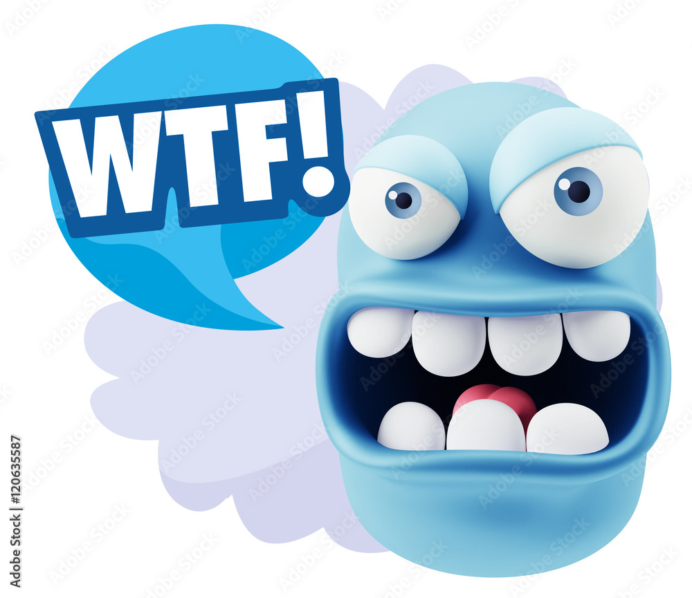 Fototapete 3d rendering angry character emoji saying wtf with colorful spee