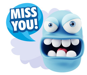 3d Rendering Angry Character Emoji saying Miss You with Colorful