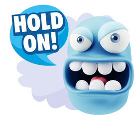 3d Rendering Angry Character Emoji saying Hold On with Colorful