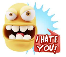 Naklejka premium 3d Rendering Angry Character Emoji saying I Hate you with Colorf