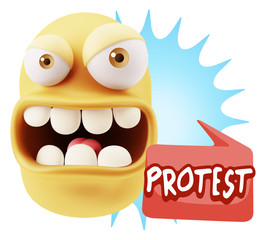 3d Rendering Angry Character Emoji saying Protest with Colorful