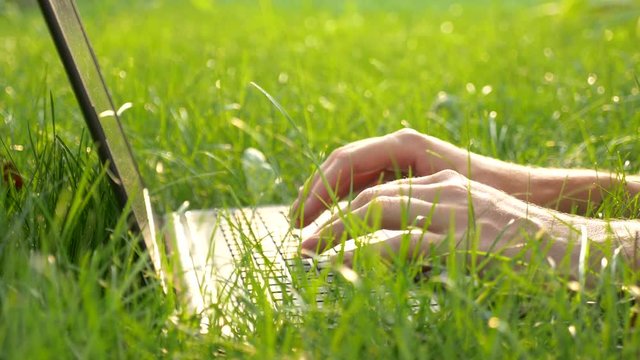 Girl works behind a laptop. Close-up. HD