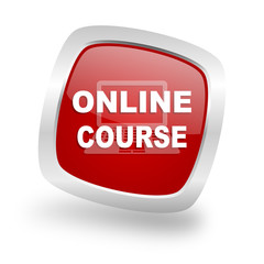 online course square red glossy chrome silver metallic web icon