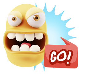 3d Rendering Angry Character Emoji saying Go with Colorful Speec