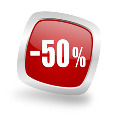 50 percent sale retail square red glossy chrome silver metallic web icon