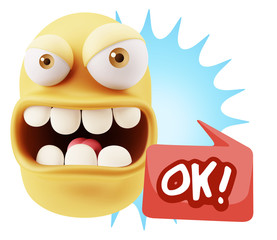 3d Rendering Angry Character Emoji saying OK with Colorful Speec