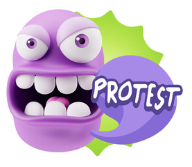 3d Rendering Angry Character Emoji saying Protest with Colorful