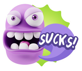 3d Rendering Angry Character Emoji saying Sucks with Colorful Sp