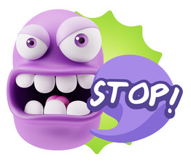3d Rendering Angry Character Emoji saying Stop with Colorful Spe