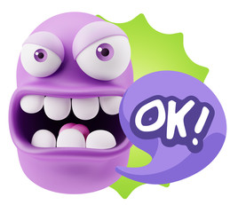 3d Rendering Angry Character Emoji saying OK with Colorful Speec