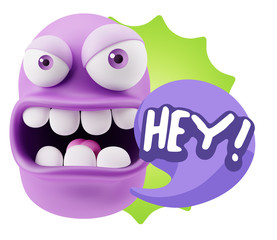 3d Rendering Angry Character Emoji saying Hey with Colorful Spee
