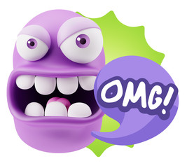 3d Rendering Angry Character Emoji saying OMG with Colorful Spee