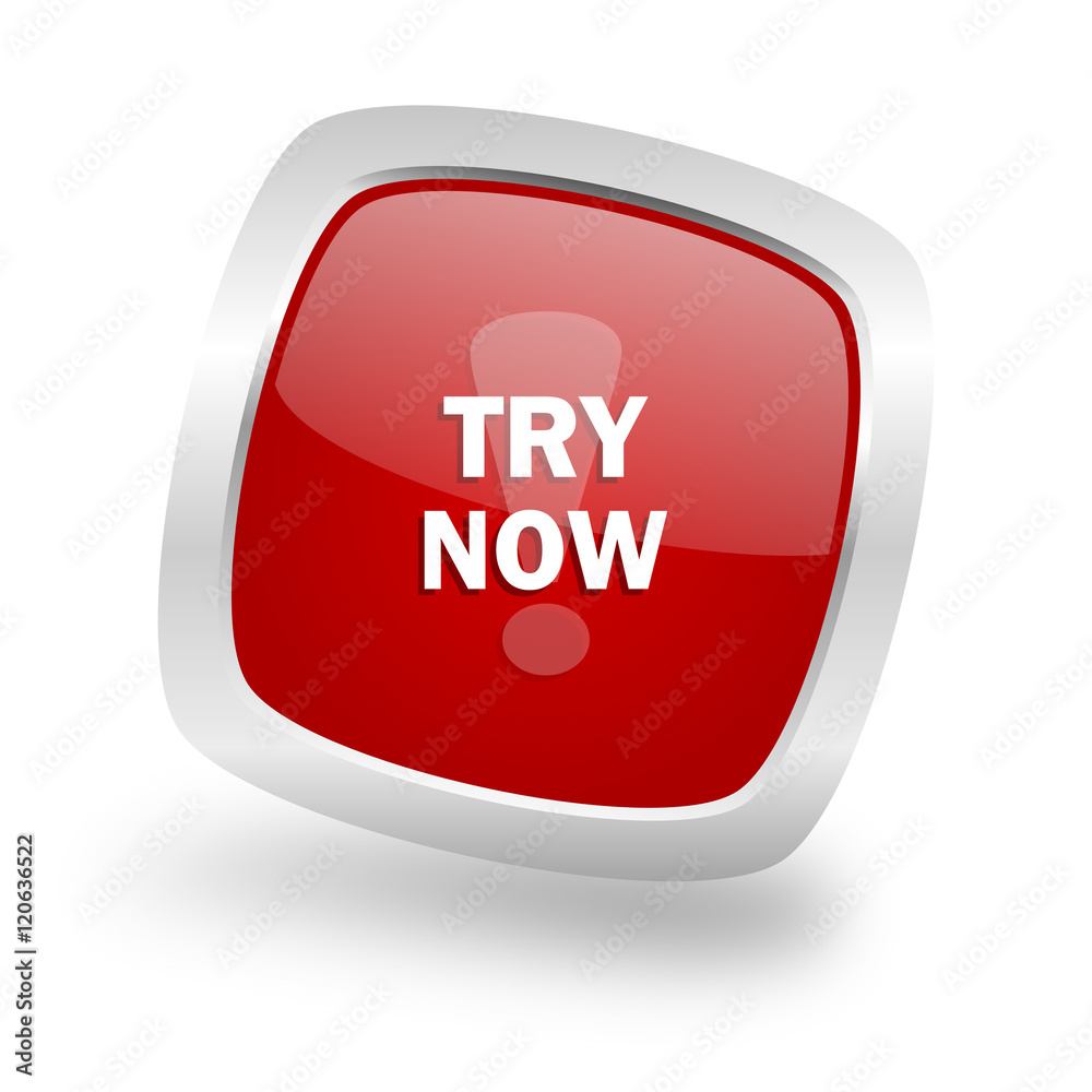 Poster try now square red glossy chrome silver metallic web icon