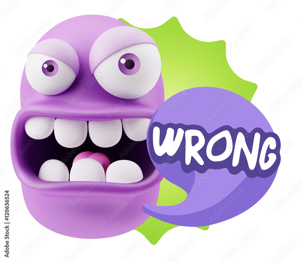 Poster 3d rendering angry character emoji saying wrong with colorful sp