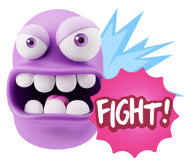 3d Rendering Angry Character Emoji saying Fight with Colorful Sp