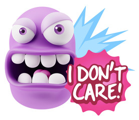 3d Rendering Angry Character Emoji saying I Don't Care with Colo