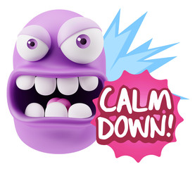 3d Rendering Angry Character Emoji saying Calm Down with Colorfu