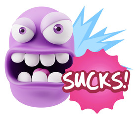 3d Rendering Angry Character Emoji saying Sucks with Colorful Sp