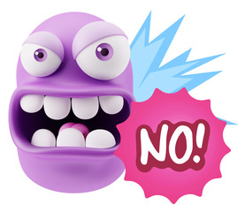 3d Rendering Angry Character Emoji saying No with Colorful Speec