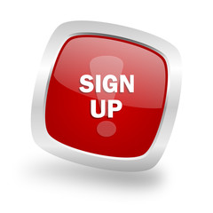 sign up square red glossy chrome silver metallic web icon