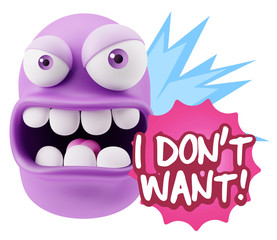 3d Rendering Angry Character Emoji saying I Don't Want with Colo