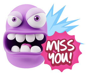 3d Rendering Angry Character Emoji saying Miss You with Colorful