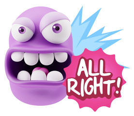 3d Rendering Angry Character Emoji saying All Right with Colorfu