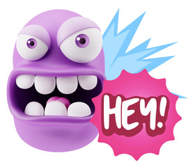 3d Rendering Angry Character Emoji saying Hey with Colorful Spee