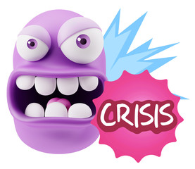 3d Rendering Angry Character Emoji saying Crisis with Colorful S