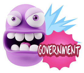 3d Rendering Angry Character Emoji saying Government with Colorf