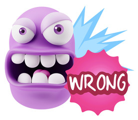 3d Rendering Angry Character Emoji saying Wrong with Colorful Sp