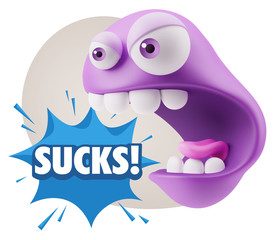 3d Rendering Angry Character Emoji saying Sucks with Colorful Sp