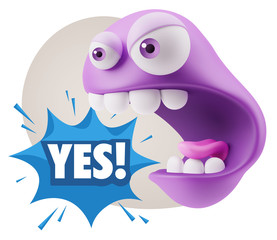 3d Rendering Angry Character Emoji saying Yes with Colorful Spee